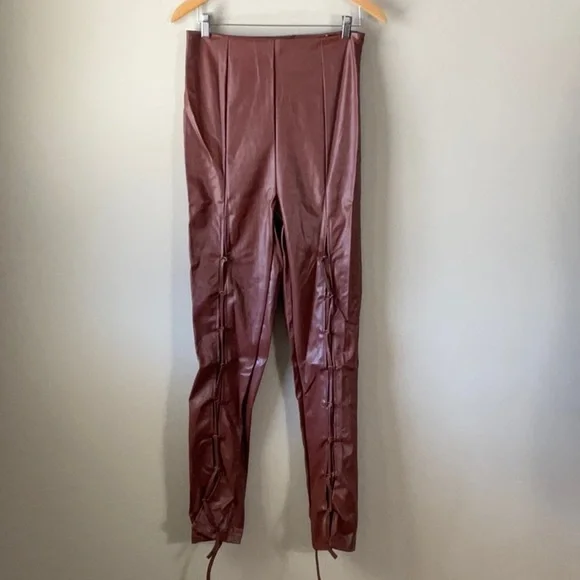 Pretty Little Thing Tall Chocolate Lace Up PU Trouser - Picture 2 of 5